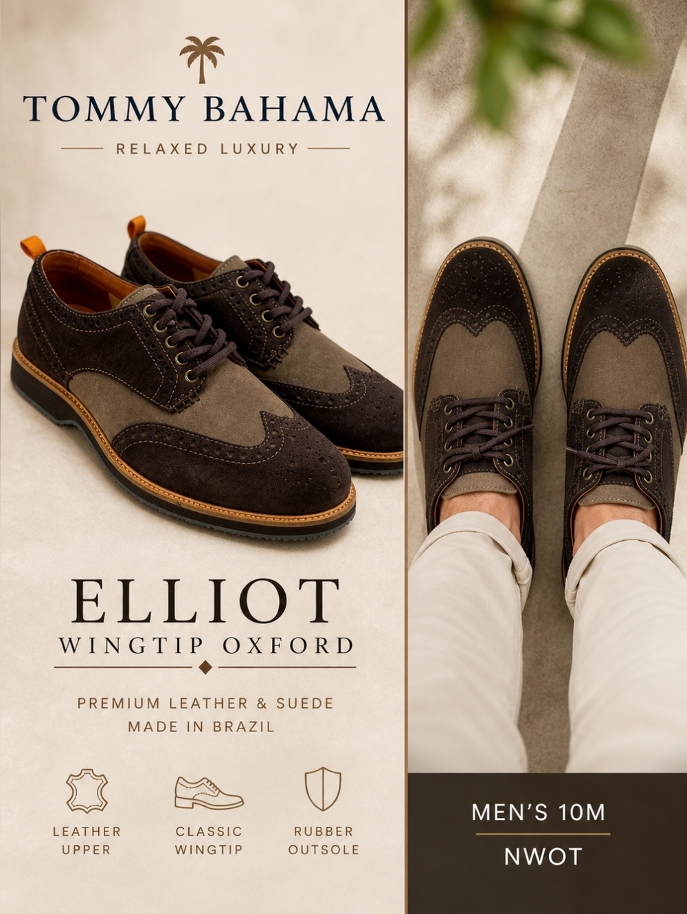 Tommy Bahama Elliot Wingtip Oxford Brown Suede Leather Shoes Mens 10M NWOT